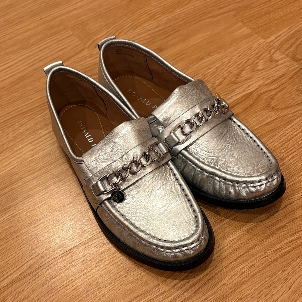 Donald J. Pliner Metallic Silver Loafers with Chain Accent
